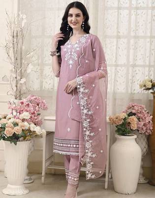 floral embroidered v neck chanderi cotton kurta with trousers & dupatta 1