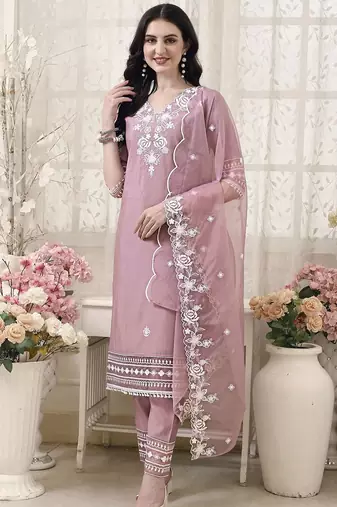 floral embroidered v neck chanderi cotton kurta with trousers & dupatta