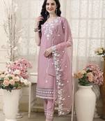 floral embroidered v neck chanderi cotton kurta with trousers & dupatta