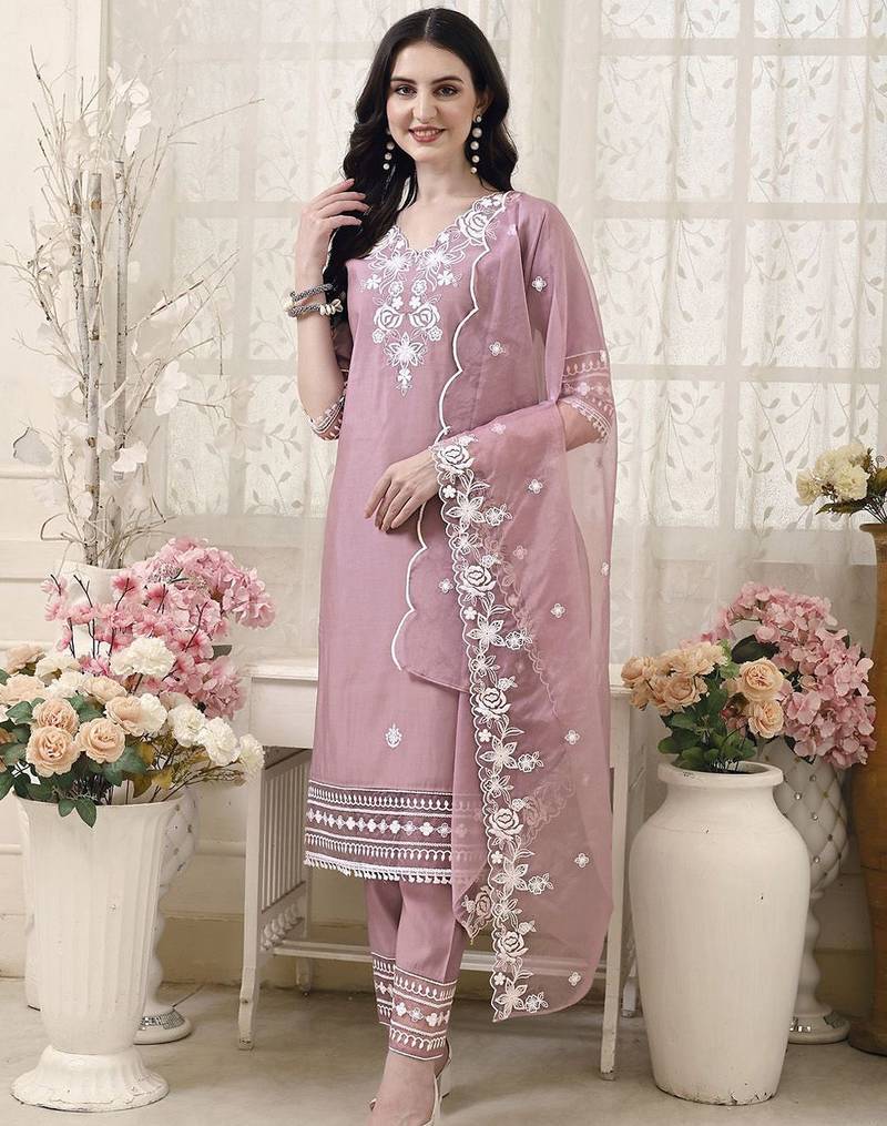 floral embroidered v neck chanderi cotton kurta with trousers & dupatta