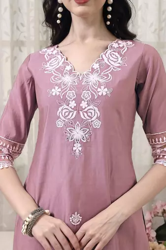 floral embroidered v neck chanderi cotton kurta with trousers & dupatta