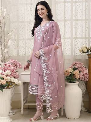 floral embroidered v neck chanderi cotton kurta with trousers & dupatta 3