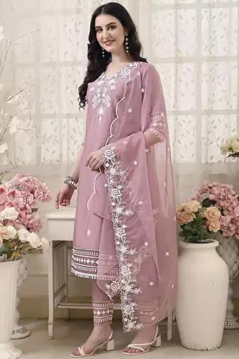 floral embroidered v neck chanderi cotton kurta with trousers & dupatta