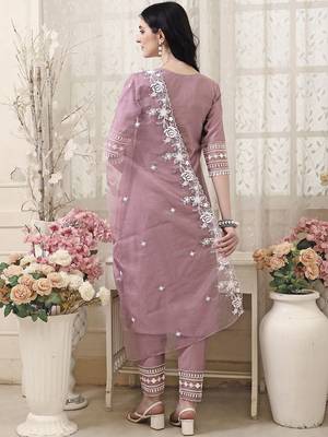floral embroidered v neck chanderi cotton kurta with trousers & dupatta 4