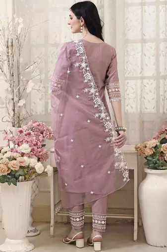 floral embroidered v neck chanderi cotton kurta with trousers & dupatta