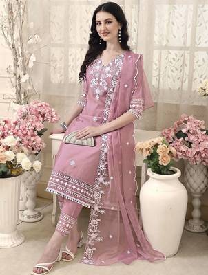 floral embroidered v neck chanderi cotton kurta with trousers & dupatta 5