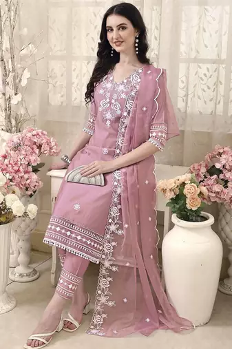 floral embroidered v neck chanderi cotton kurta with trousers & dupatta