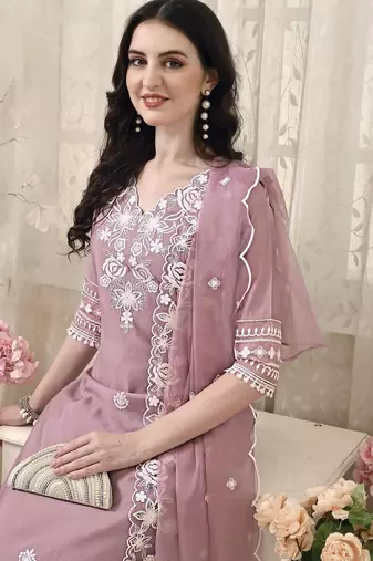 floral embroidered v neck chanderi cotton kurta with trousers & dupatta