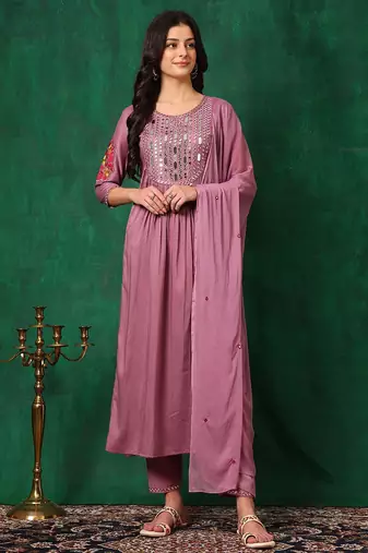 yoke design mirror work  silk a-line kurta with trousers & dupatta