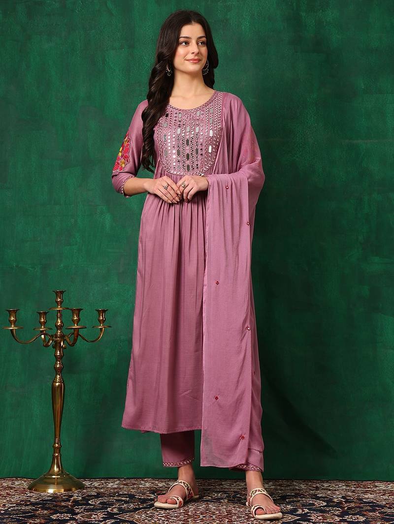 yoke design mirror work  silk a-line kurta with trousers & dupatta