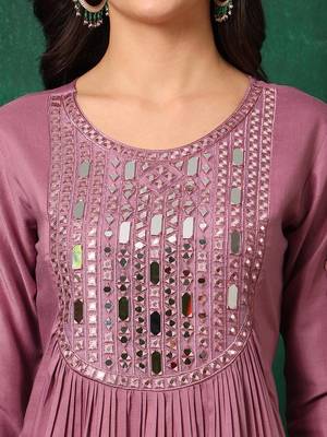 yoke design mirror work  silk a-line kurta with trousers & dupatta 2