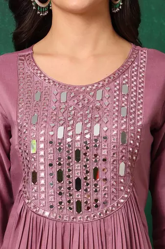yoke design mirror work  silk a-line kurta with trousers & dupatta