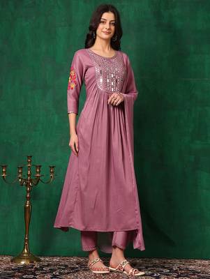yoke design mirror work  silk a-line kurta with trousers & dupatta 3