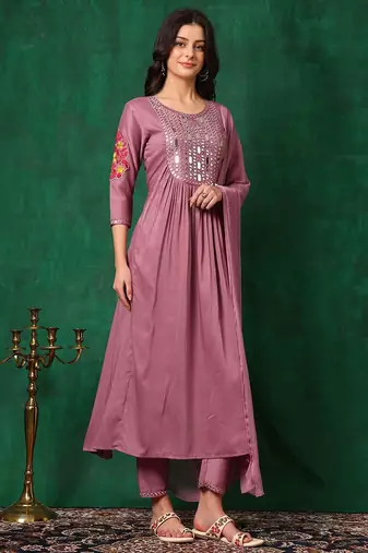 yoke design mirror work  silk a-line kurta with trousers & dupatta