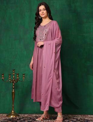 yoke design mirror work  silk a-line kurta with trousers & dupatta 4