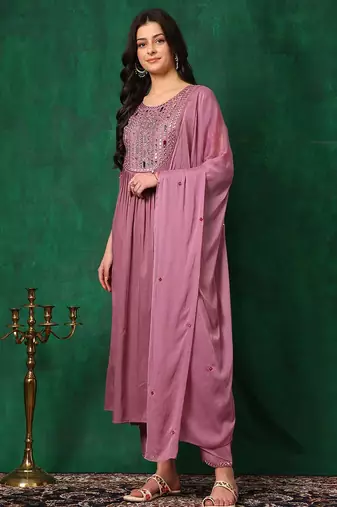 yoke design mirror work  silk a-line kurta with trousers & dupatta
