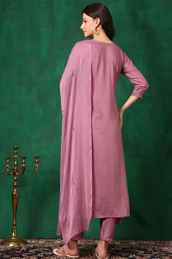 yoke design mirror work  silk a-line kurta with trousers & dupatta