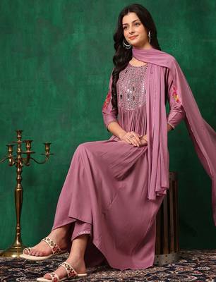 yoke design mirror work  silk a-line kurta with trousers & dupatta 6