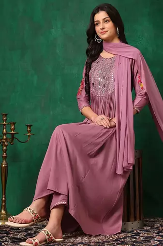yoke design mirror work  silk a-line kurta with trousers & dupatta