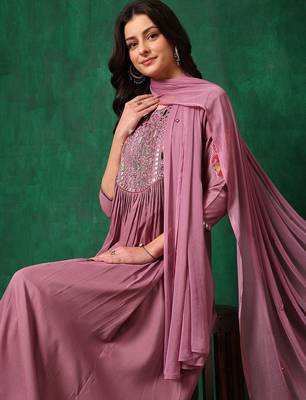 yoke design mirror work  silk a-line kurta with trousers & dupatta 7