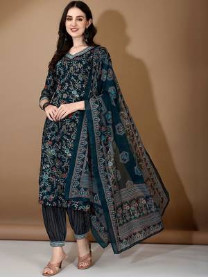 women floral printed regular thread work kurta with patiala & with dupatta 1