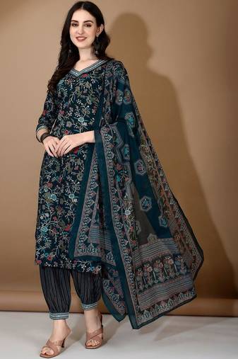 women floral printed regular thread work kurta with patiala & with dupatta