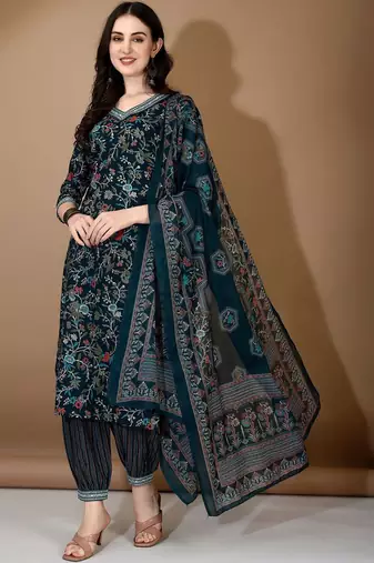 women floral printed regular thread work kurta with patiala & with dupatta