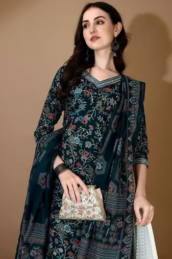 women floral printed regular thread work kurta with patiala & with dupatta