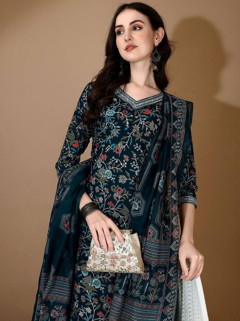 women floral printed regular thread work kurta with patiala & with dupatta