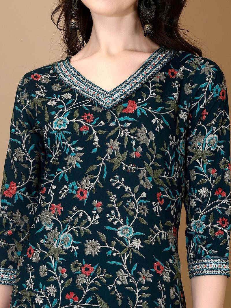 women floral printed regular thread work kurta with patiala & with dupatta