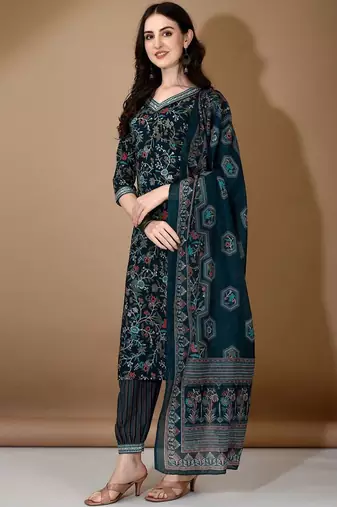 women floral printed regular thread work kurta with patiala & with dupatta