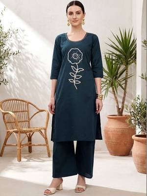 ethnic motifs embroidered thread work  cotton kurta with palazzos 1