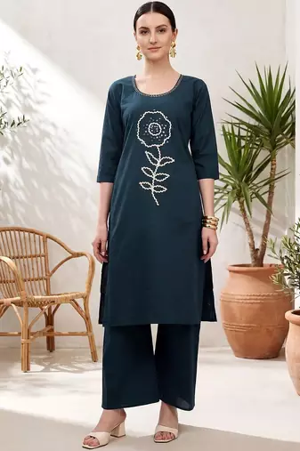 ethnic motifs embroidered thread work  cotton kurta with palazzos