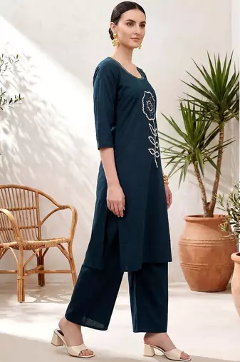 ethnic motifs embroidered thread work  cotton kurta with palazzos
