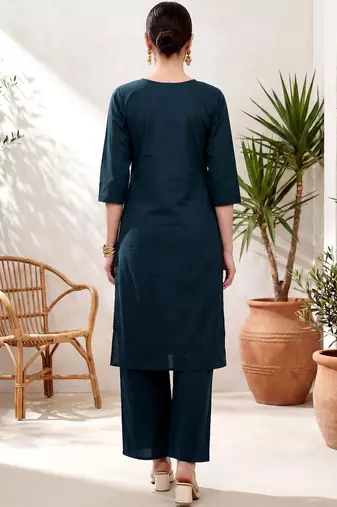 ethnic motifs embroidered thread work  cotton kurta with palazzos