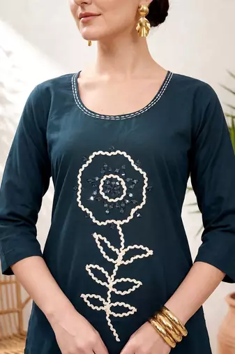 ethnic motifs embroidered thread work  cotton kurta with palazzos