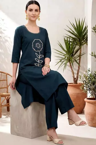 ethnic motifs embroidered thread work  cotton kurta with palazzos