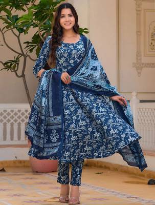 women floral printed cotton anarkali kurta with trousers & dupatta 1