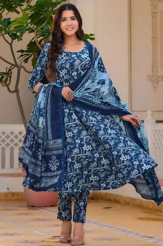 women floral printed cotton anarkali kurta with trousers & dupatta
