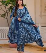 women floral printed cotton anarkali kurta with trousers & dupatta