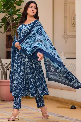 women floral printed cotton anarkali kurta with trousers & dupatta