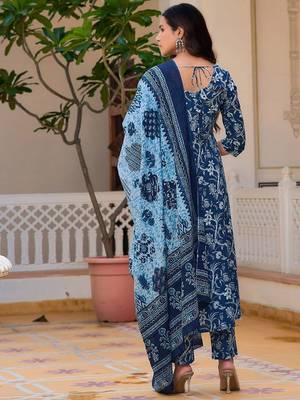 women floral printed cotton anarkali kurta with trousers & dupatta 4
