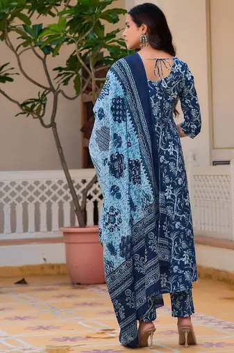 women floral printed cotton anarkali kurta with trousers & dupatta