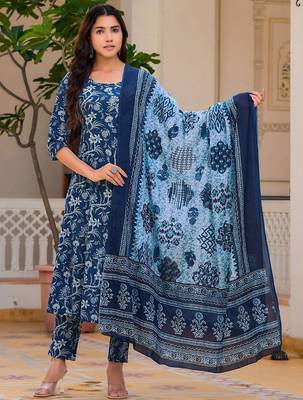 women floral printed cotton anarkali kurta with trousers & dupatta 5