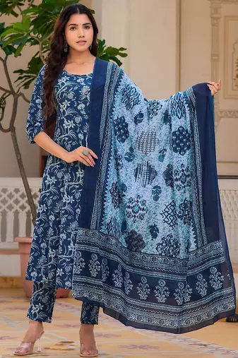 women floral printed cotton anarkali kurta with trousers & dupatta