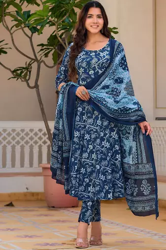 women floral printed cotton anarkali kurta with trousers & dupatta
