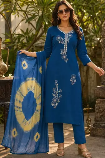women ethnic motifs embroidered regular thread work kurta with trousers & with dupatta