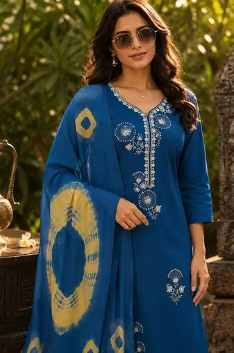 women ethnic motifs embroidered regular thread work kurta with trousers & with dupatta