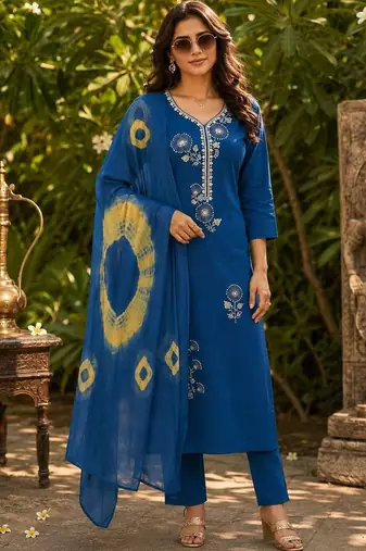 women ethnic motifs embroidered regular thread work kurta with trousers & with dupatta
