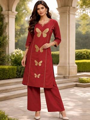 women ethnic motifs embroidered regular  cotton kurta with palazzos 1